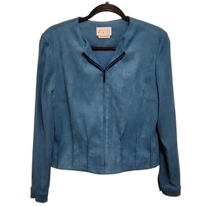 DAVID WARREN‎ NEW YORK Teal Blue Suede Look Zip Front Jacket Women Size 8 EUC